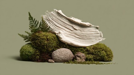 Abstract composition of moss, stones, and ferns with a large cream texture smear on a neutral background.