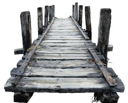 Rustic wooden bridge with decaying planks and upright posts against a black background