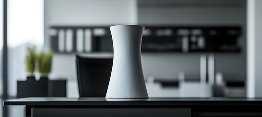 Elegant white ceramic vase on a black table in a modern office interior, adding a touch of minimalist style to the contemporary workspace