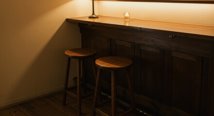 Cozy Corner Bar Two Wooden Stools at a Dark Wood Bar