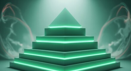 Illuminated stepped pyramid structure amidst abstract smoky backdrop