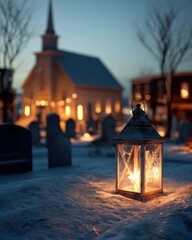 Fototapeta premium Glowing Lantern in Snowy Graveyard with Church and Trees at Dusk, Winter Atmosphere and Peaceful Setting