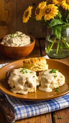 Two buttermilk biscuits smothered in a creamy, savory gravy, garnished with fresh chives, beautifully displayed on a rustic brown plate.