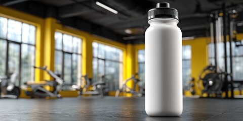 A white water bottle sits prominently in a fitness center, amidst equipment and large windows