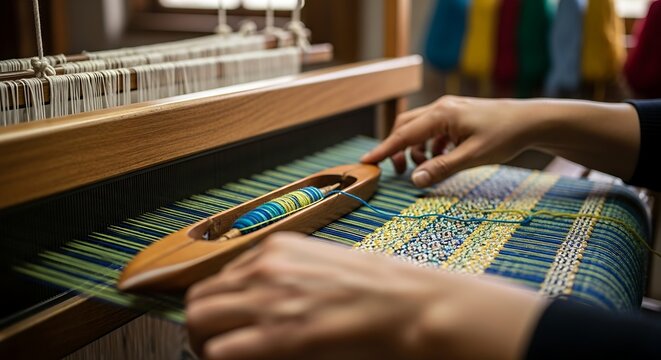 Artisan weaving colorful fabric on a traditional wooden loom.