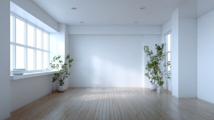 Obraz premium Bright Empty Room with Hardwood Floor, Large Windows, and Plants for Interior Design