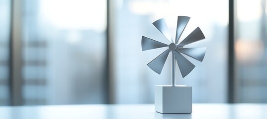 A small wind turbine model sits on a desk, representing renewable energy and environmental responsibility in a modern office setting, isolated on white background
