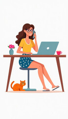Young woman working on laptop and talking on phone at desk with cat