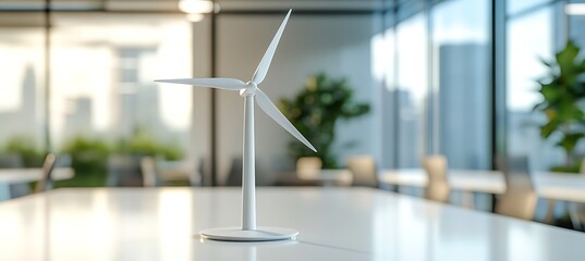 Wind turbine model on a conference table in a modern office with a city view, representing green energy and sustainable business practices