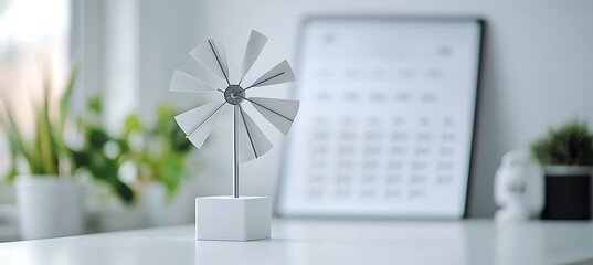 Closeup of a decorative wind turbine model on a desk with a calendar and plant, isolated on white background, symbolizing ecofriendly lifestyle