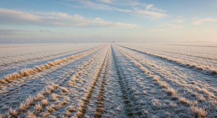 A serene winter landscape showing a vast, frosty agricultural field with tracks leading towards a distant horizon under a pale sky