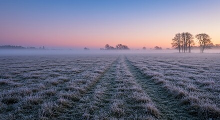 Tranquil dawn breaks over a vast, frost-covered field, with a path vanishing into the serene morning mist and colorful sky
