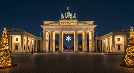 Brandenburg Gate illuminated at dusk with Christmas trees