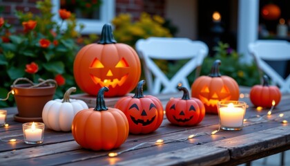 Halloween pumpkin display outdoor setting decorative content cozy environment evening view festive concept
