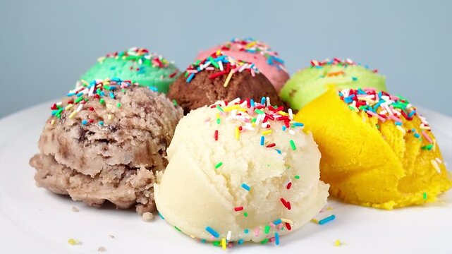 Set of scoops ice cream of pistachio, chocolate, vanilla, mint, mango and berry with decorated sprinkles on blue background, rotation