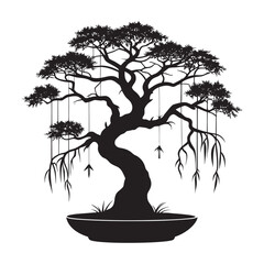 Silhouette of a twisted bonsai tree with hanging elements