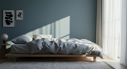 Serene and minimalist bedroom interior with an unmade bed bathed in morning sunlight, creating a peaceful and tranquil atmosphere