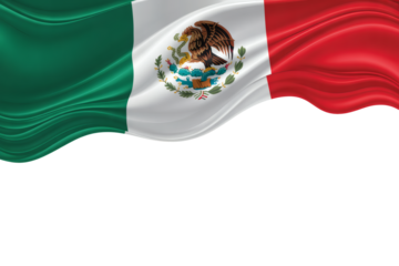 A vibrant, flowing image of the Mexican flag with its central emblem, creating a dynamic visual with generous copy space at the bottom on transparent background.