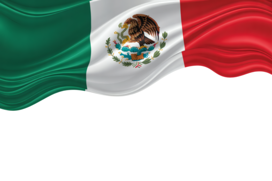 A vibrant, flowing image of the Mexican flag with its central emblem, creating a dynamic visual with generous copy space at the bottom on transparent background.