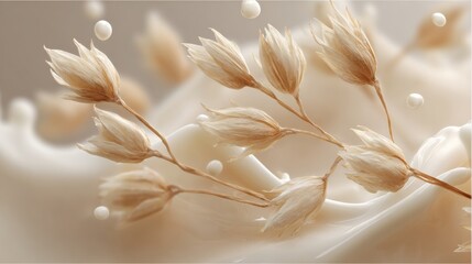 dry oat spikelets in a creamy liquid splash with droplets on a neutral beige background.