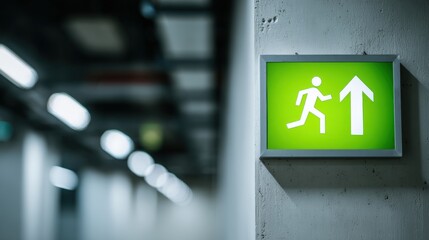 Illuminated Green Exit Sign with Running Man and Up Arrow Symbol for Emergency Evacuation