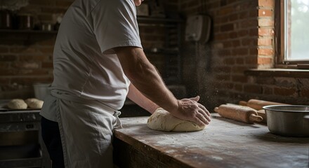 A baker kneading dough in a rustic kitchen