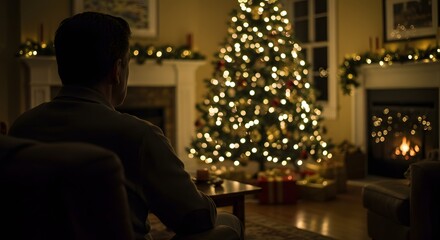 Obraz premium Cozy Christmas interior with a man admiring decorated tree