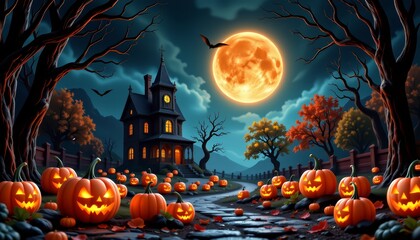 Fototapeta premium Spooky halloween night haunted house with pumpkins autumn landscape dark sky eerie atmosphere