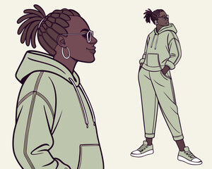 Black woman with dreadlocks wearing casual streetwear, hoodie, and sweatpants, character design for illustration
