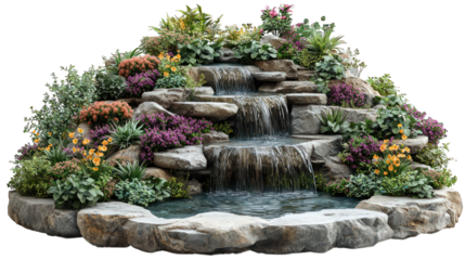 Tiered stone waterfall, lush colorful plants adorn the landscape feature