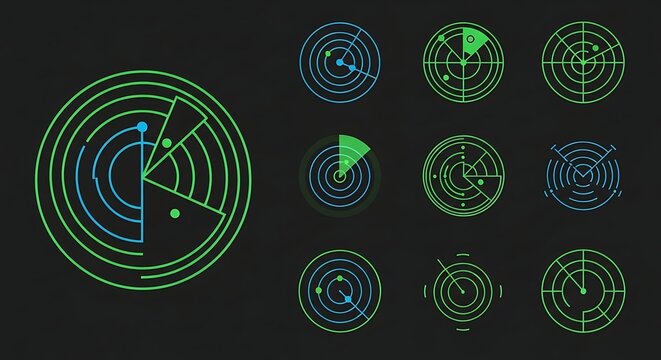 Collection of Green Radar Screens on Dark Background. - Powered by Adobe