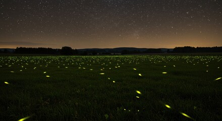 A breathtaking spectacle of countless glowing fireflies creating an ethereal light display in a field under a vast starry night sky