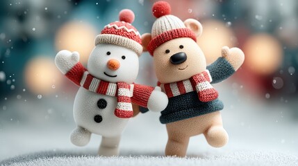 Cute snowman and bear figure in winter hats and scarves celebrating together in a snowy holiday setting