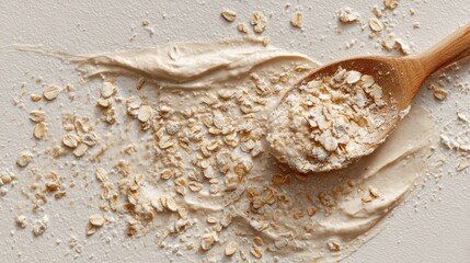 Top-down view of oat flakes and flour in a wooden spoon over a cosmetic cream smear on a light background.