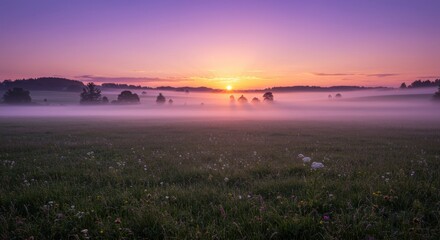Misty morning sunrise over a tranquil grassy field with the sky painted in vibrant shades of purple, pink, and orange