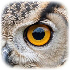 An intense close-up of an owl's eye, showcasing its striking golden color and the intricate details of the surrounding feathers, reflecting a scene of trees and a lamppost in its depths .