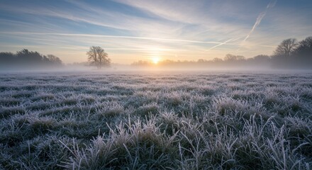 Frosty Sunrise over a Misty Winter Field