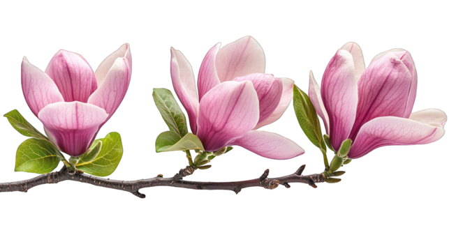 Trio of pink magnolia blossoms on a twig against a black background