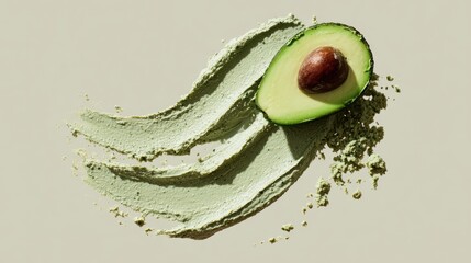Top-down view of half an avocado with a seed, a green cosmetic clay smear, and powder on a neutral light background.