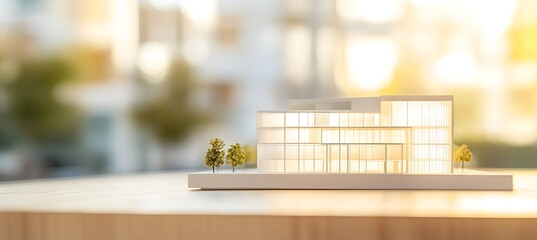 Architectural model of modern building on wooden table with blurred background, showcasing real estate design and property development for future investment
