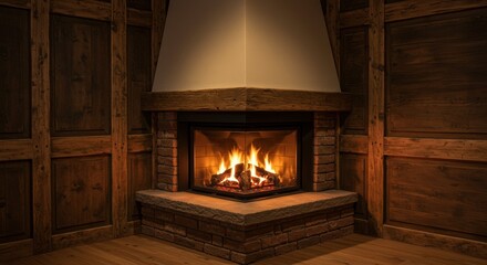 A beautifully crafted rustic corner fireplace with a bright, warm fire burning, creating a tranquil and cozy ambiance in a wooden lodge interior