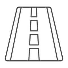 Asphalt road with markings thin line icon, learner permit concept. Vector graphics. White stripes on the road, driving sign on white background, outline style icon for mobile or web design.