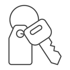 House key and keychain thin line icon, real estate concept. Vector graphics. Key with room number tag, safety sign on white background, outline style icon for mobile or web design.