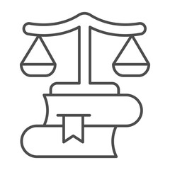 Scales of justice on books thin line icon, jurisprudence concept. Vector graphics. Law books with libra scales, knowledge sign on white background, outline style icon for mobile or web design.