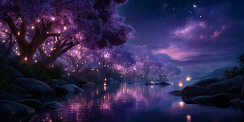 Obraz premium Tranquil waters reflect a magical forest illuminated by floating lights.
