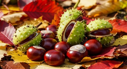 Autumn Horse Chestnuts and Colorful Fallen Leaves Close Up.