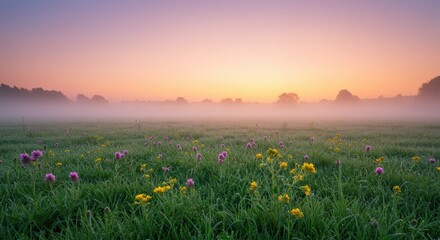 Serene dawn breaking through the mist, illuminating a tranquil meadow of vibrant wildflowers in the soft morning light