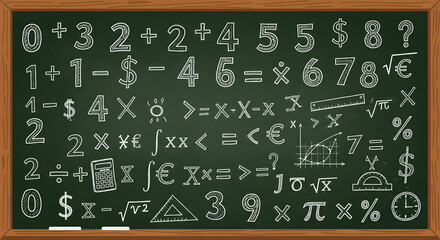A detailed illustration of a school chalkboard filled with various mathematical equations, numbers, and symbols representing knowledge and education