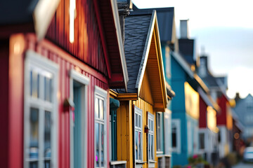 Fototapeta premium Colorful houses line the street in a vibrant coastal town during golden hour