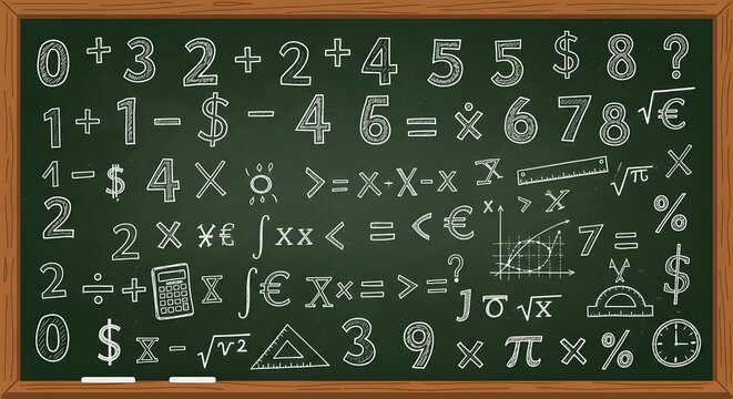 A detailed illustration of a school chalkboard filled with various mathematical equations, numbers, and symbols representing knowledge and education